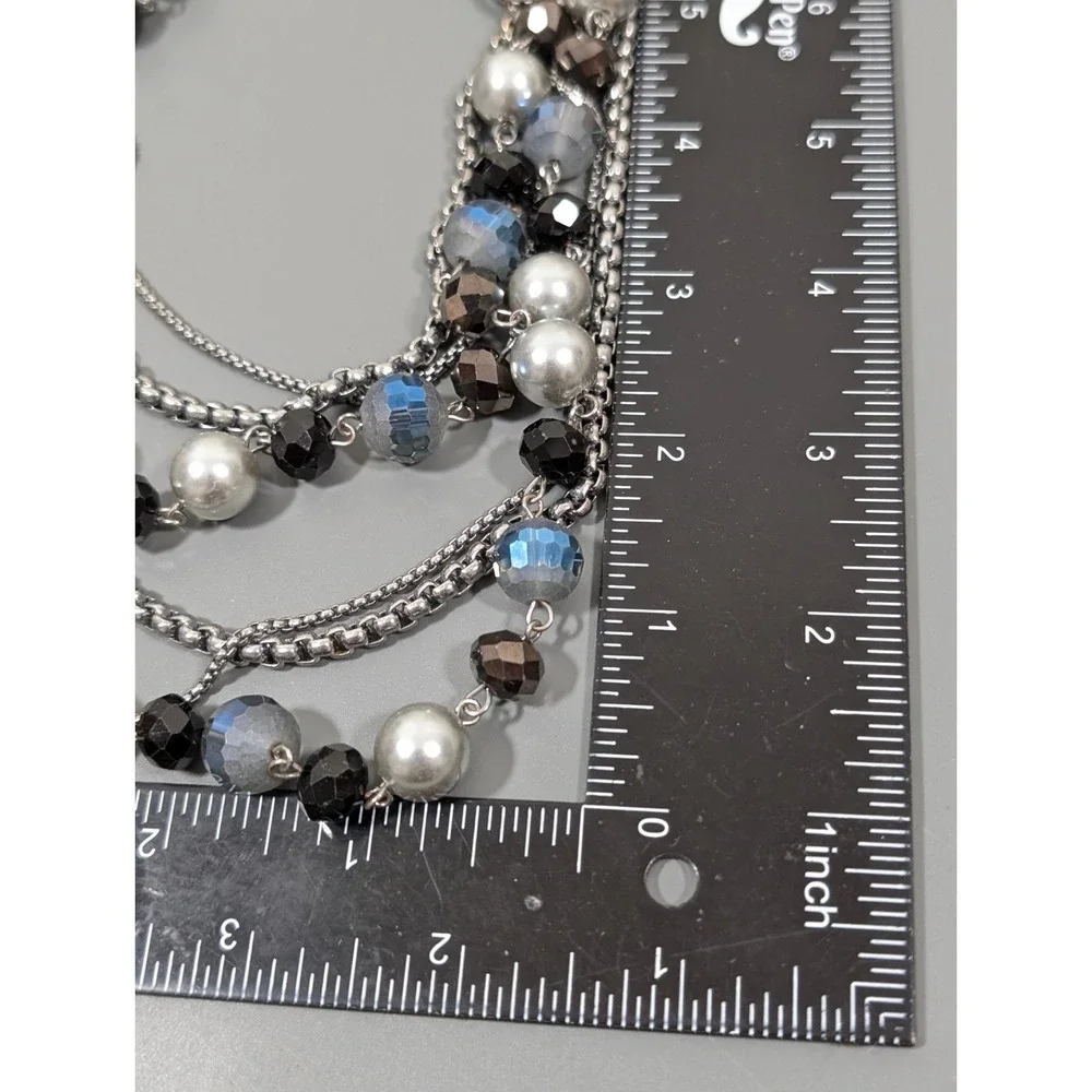 Layered Gray Beaded Statement Necklace‎ Silver Tone Multi Strand Bib 20